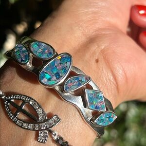 Sterling Silver Mosaic Opal Inlay Cuff Bracelet